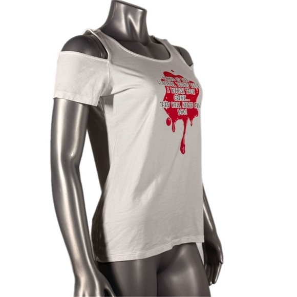 Michael Kors | White Cold Shoulder T Shirt Graphic Print Blood Poem - Picture 2 of 9
